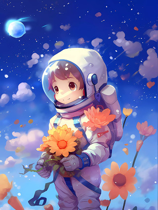 卡通可爱小宇航员手拿花朵探索太空的场景图